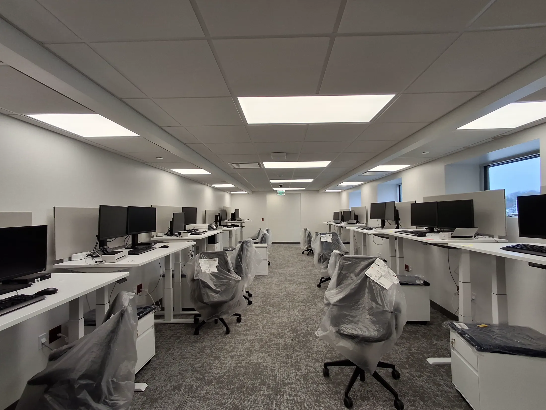 Staff workroom fit-out with workstations and suspended ceiling grid