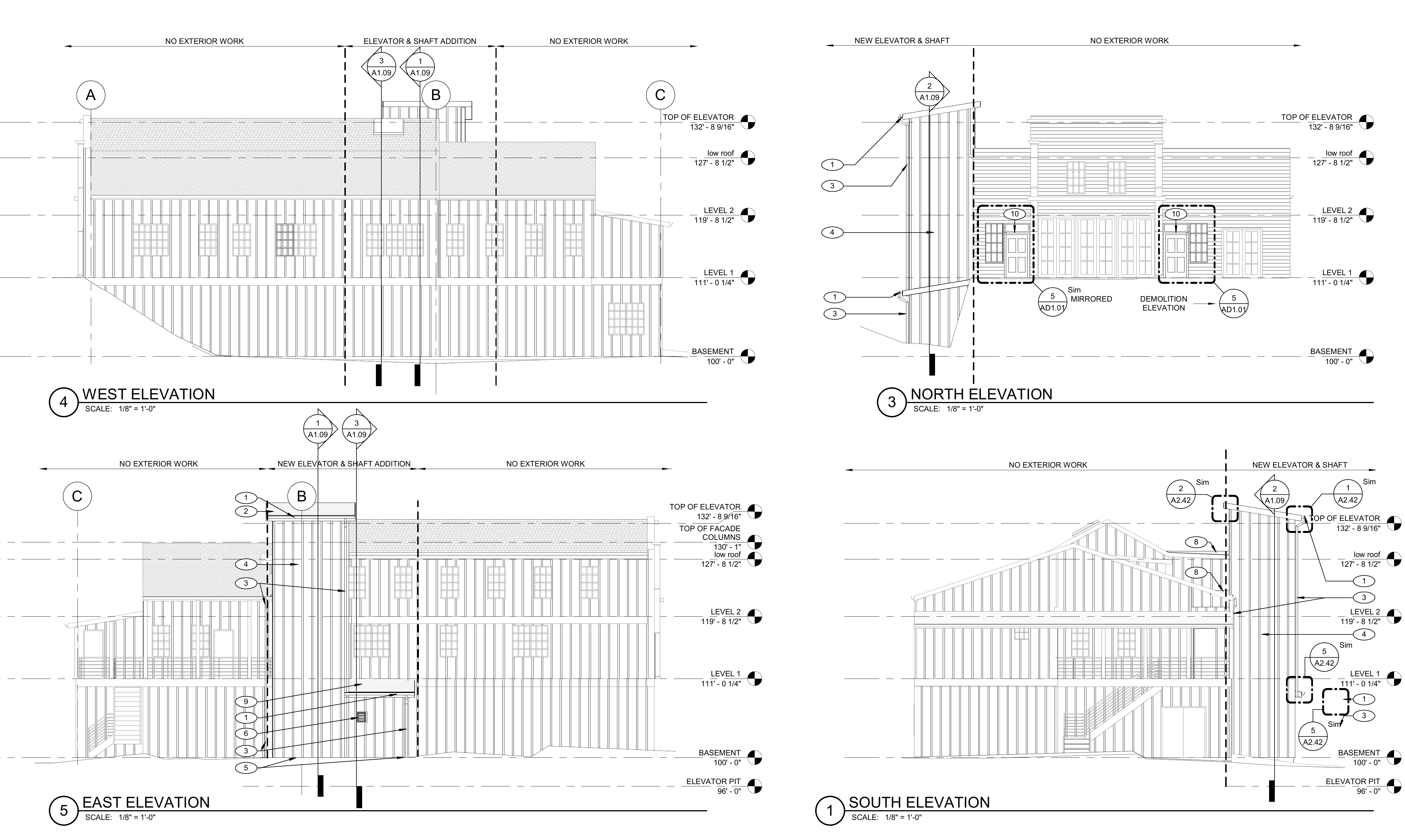 Eagles Cottage west, north, east, and south exterior elevations from sheet A6.01