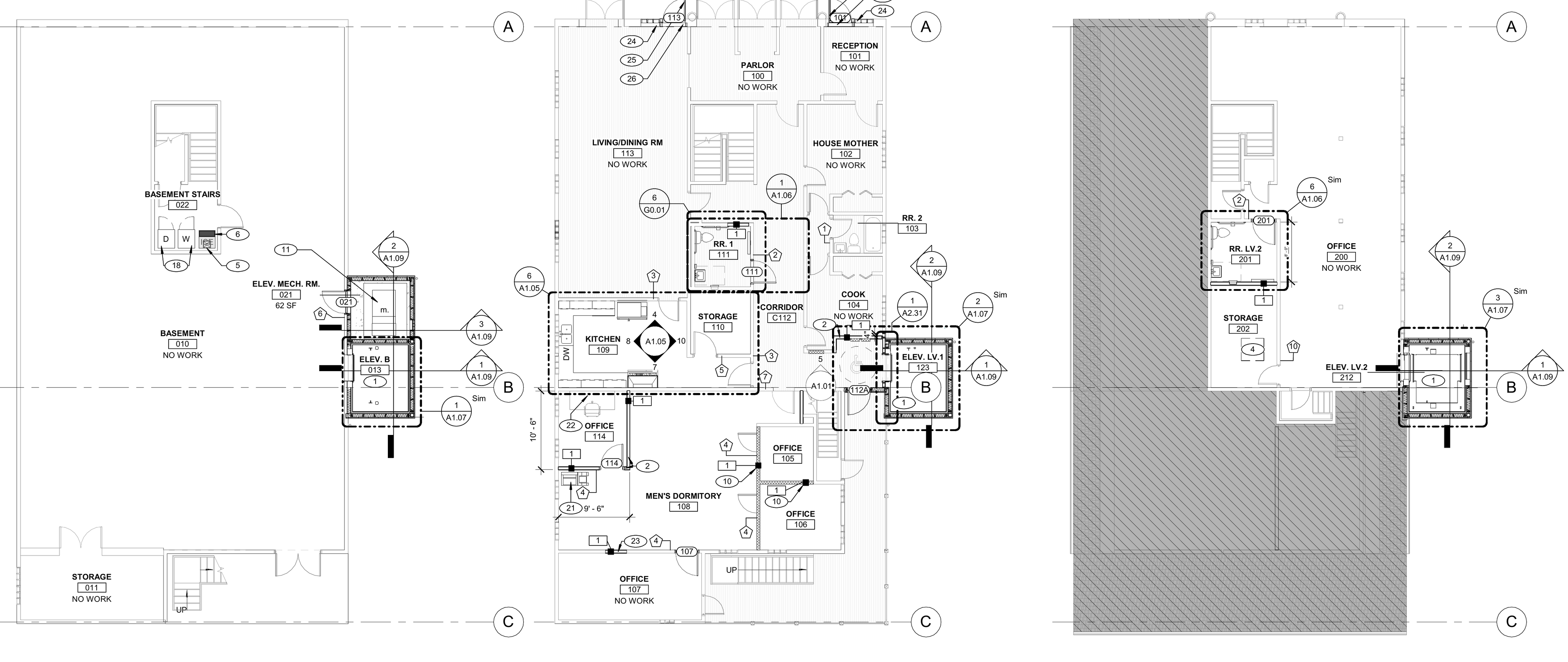 Basement, Level 1, and Level 2 construction floor plans from sheet A1.01, arranged left to right