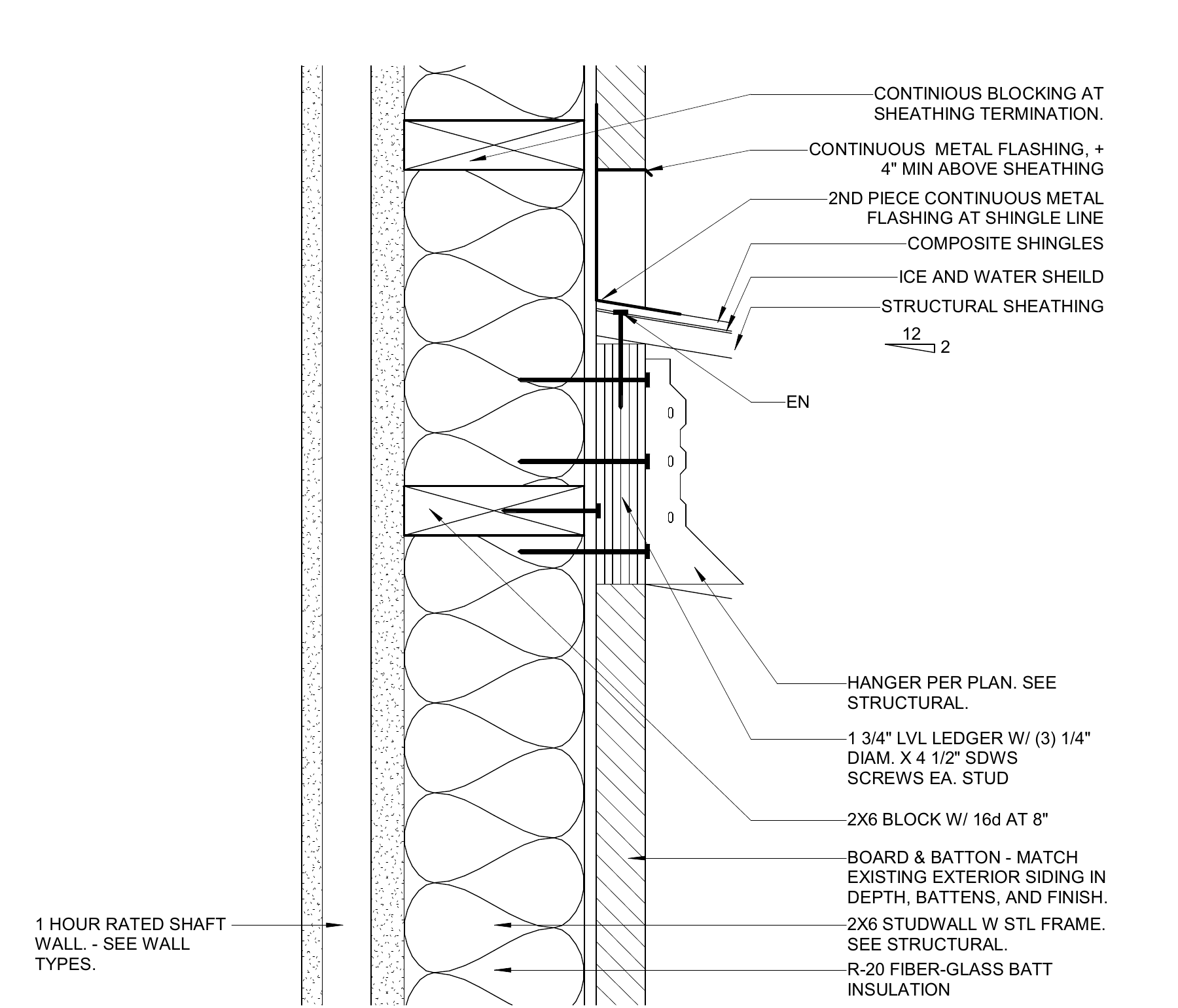 Rafter ledger at the elevator hoistway and exterior walkway, detail 5 from sheet A2.42
