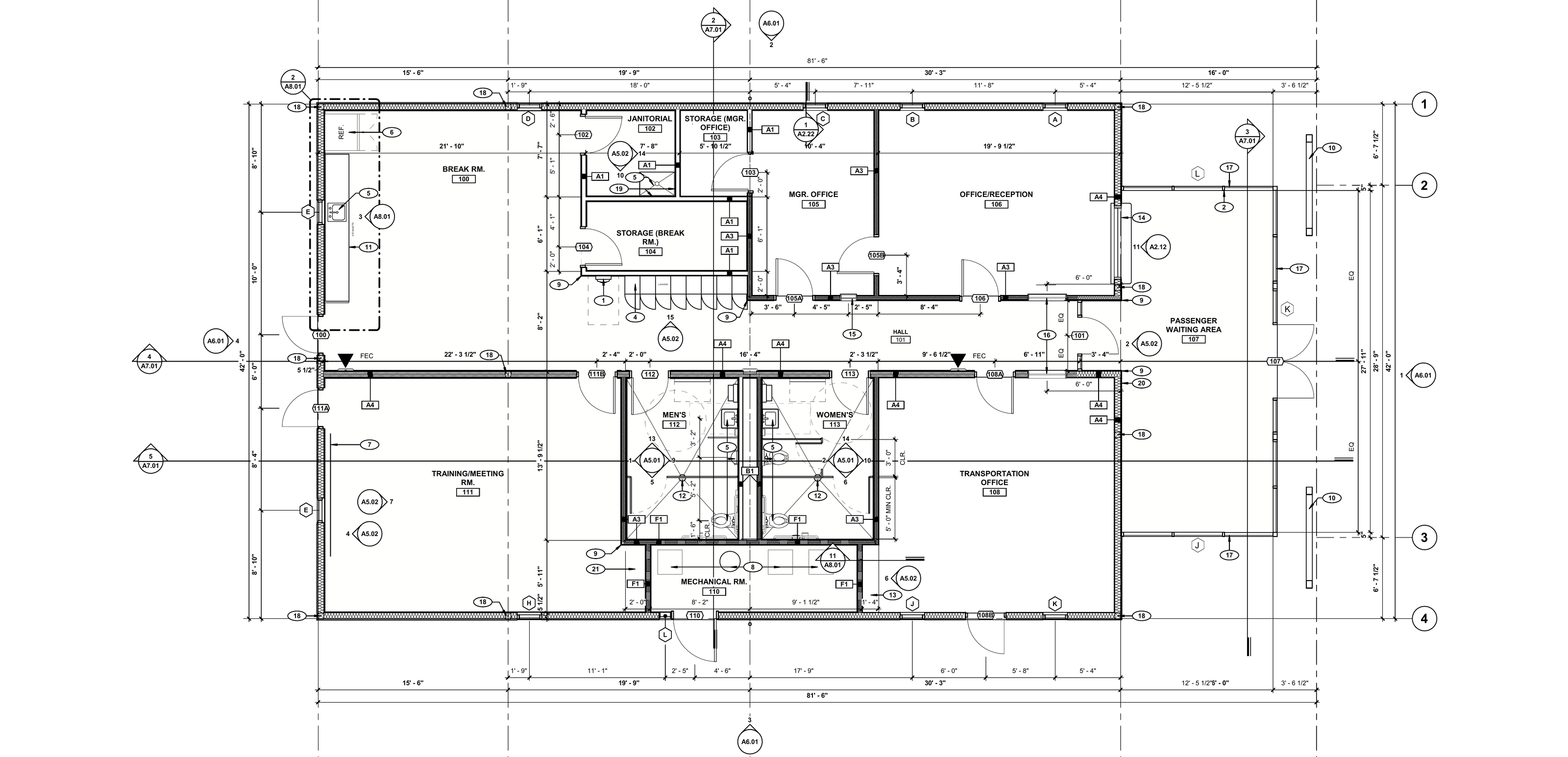 Transit center floor plan showing passenger waiting, reception, offices, training, support spaces, and bus loading
